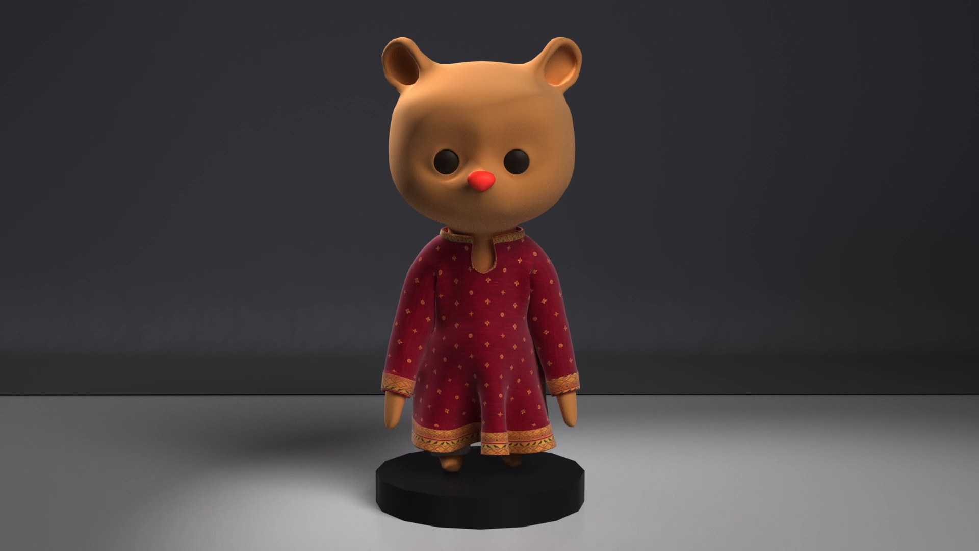 Final render: teddy bear in a red Paithani-style kurta on a dark platform