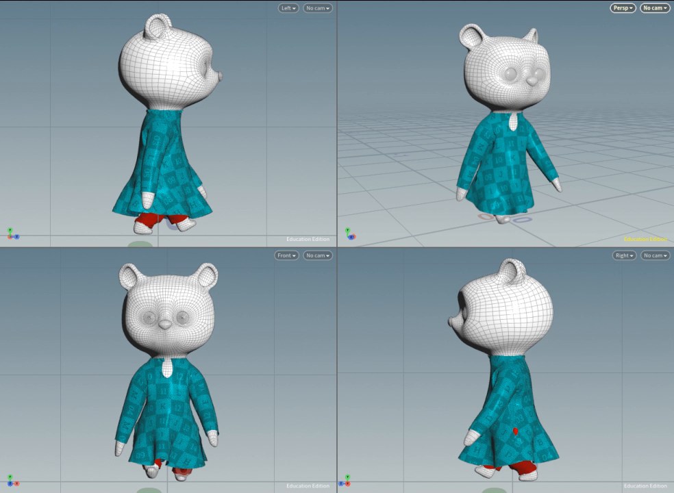 Four-view playblast of the Maya kurta with clean sleeves